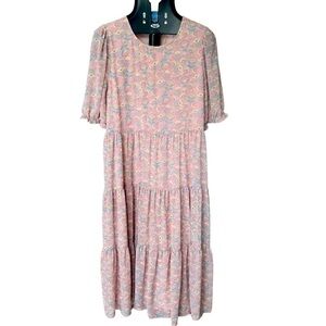 MELLODAY Women’s Pink Teal Floral Paisley Long Tiered Maxi Dress Puff Sleeve L